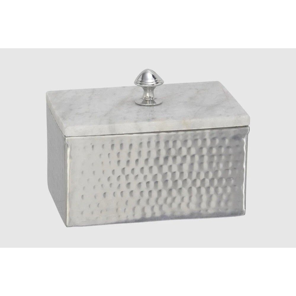 Silver Aluminum Metal Hammered Jewelry Box with White Marble Lid